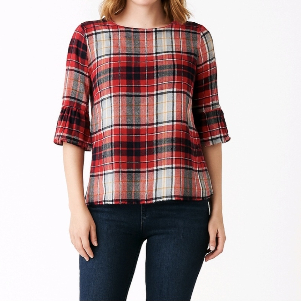 Faherty Womens Shirt Red Plaid Flannel 3/4 Ruffle Sleeve Fringe Pullover…